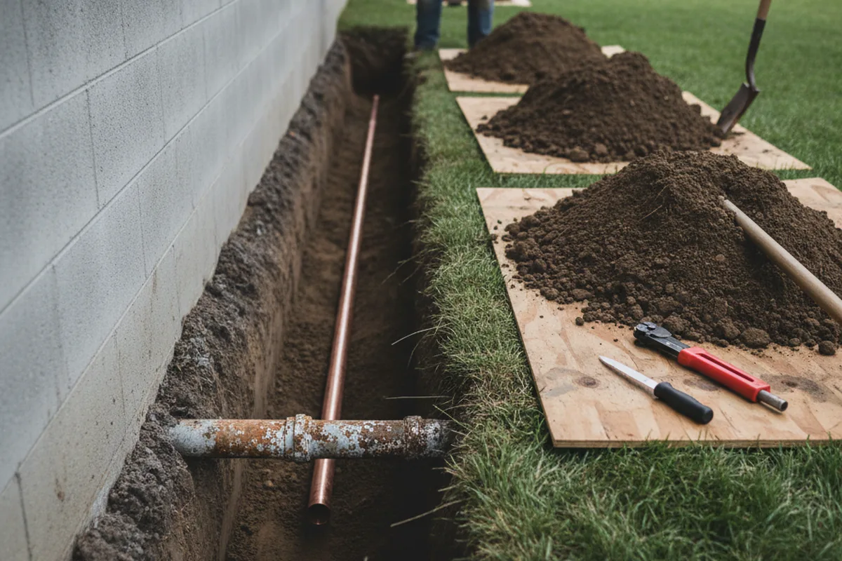 Excavated water line trench during Sewer Line Repair in West Chicago